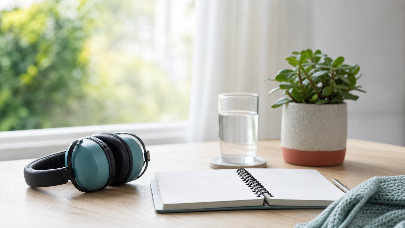 A quiet desk by a window with hearing protection, a glass of water, a green plant, and an open notebook representing everyday tinnitus support.